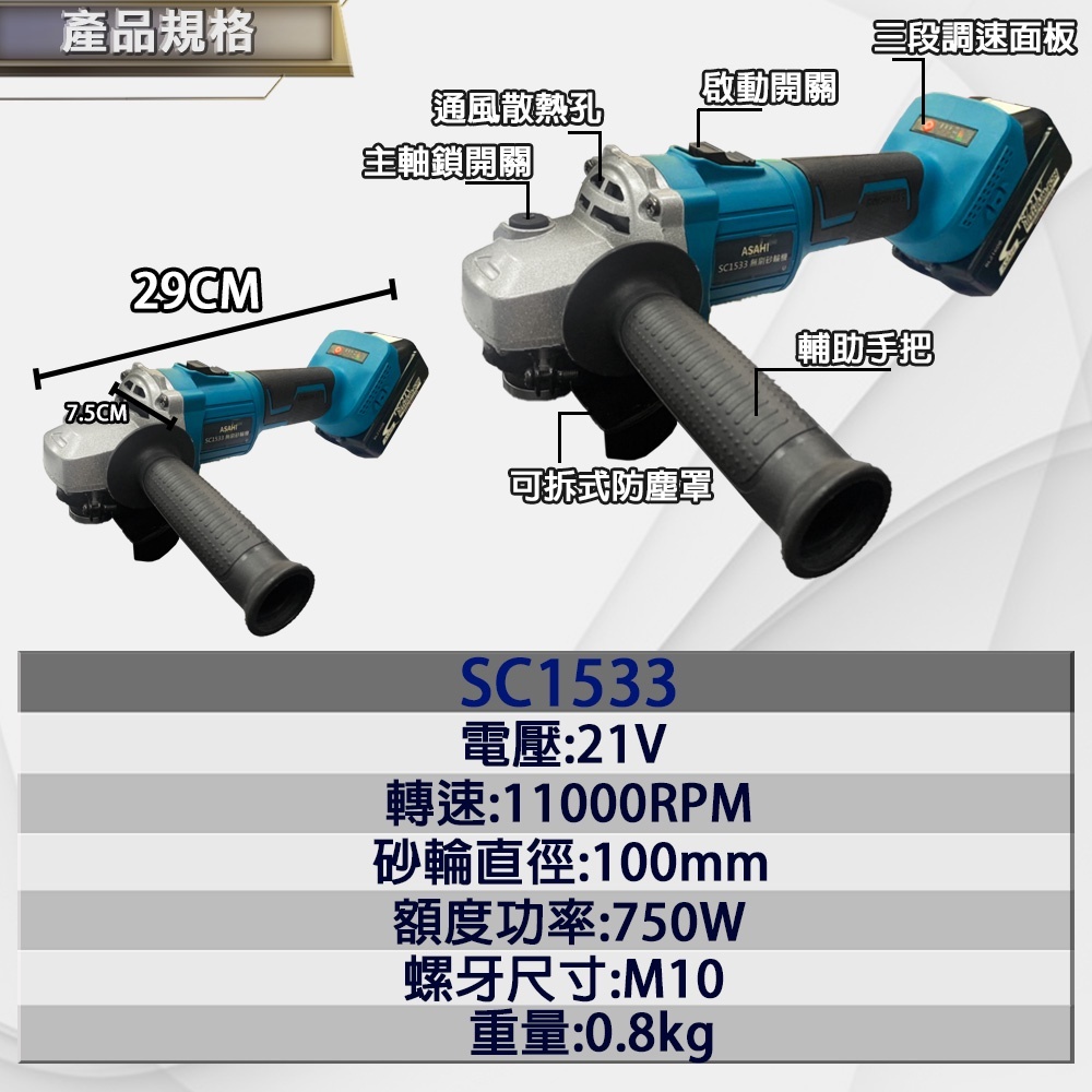 附發票｜SC1533砂輪機｜21V 鋰電 無刷 三段調速 充電式 角磨機 研磨 通牧田電池