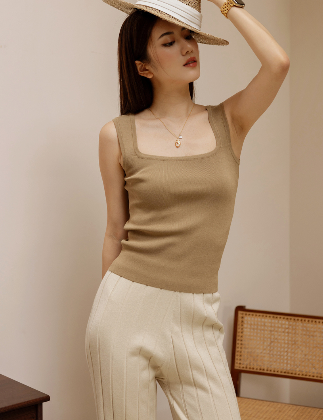 舒適方領針織背心（咖啡色/2尺寸）