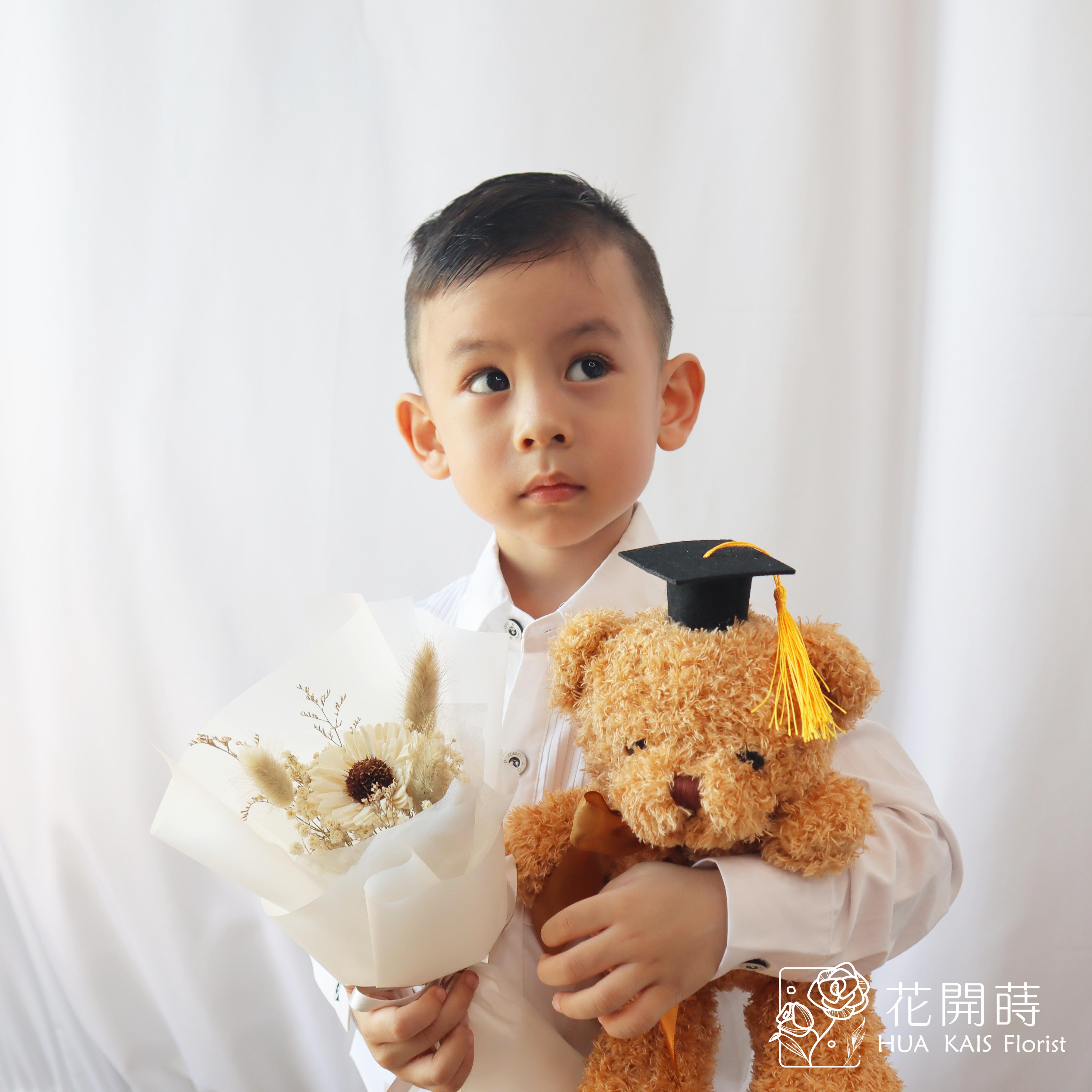 畢業熊花束|袋裝畢業學士熊白色太陽花束|單支花束|畢業熊|學士熊|畢業禮物|