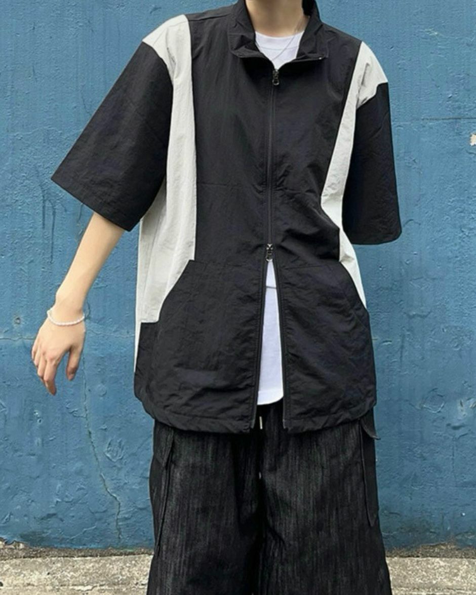 拼色拉鍊短袖外套 EASY-018JK