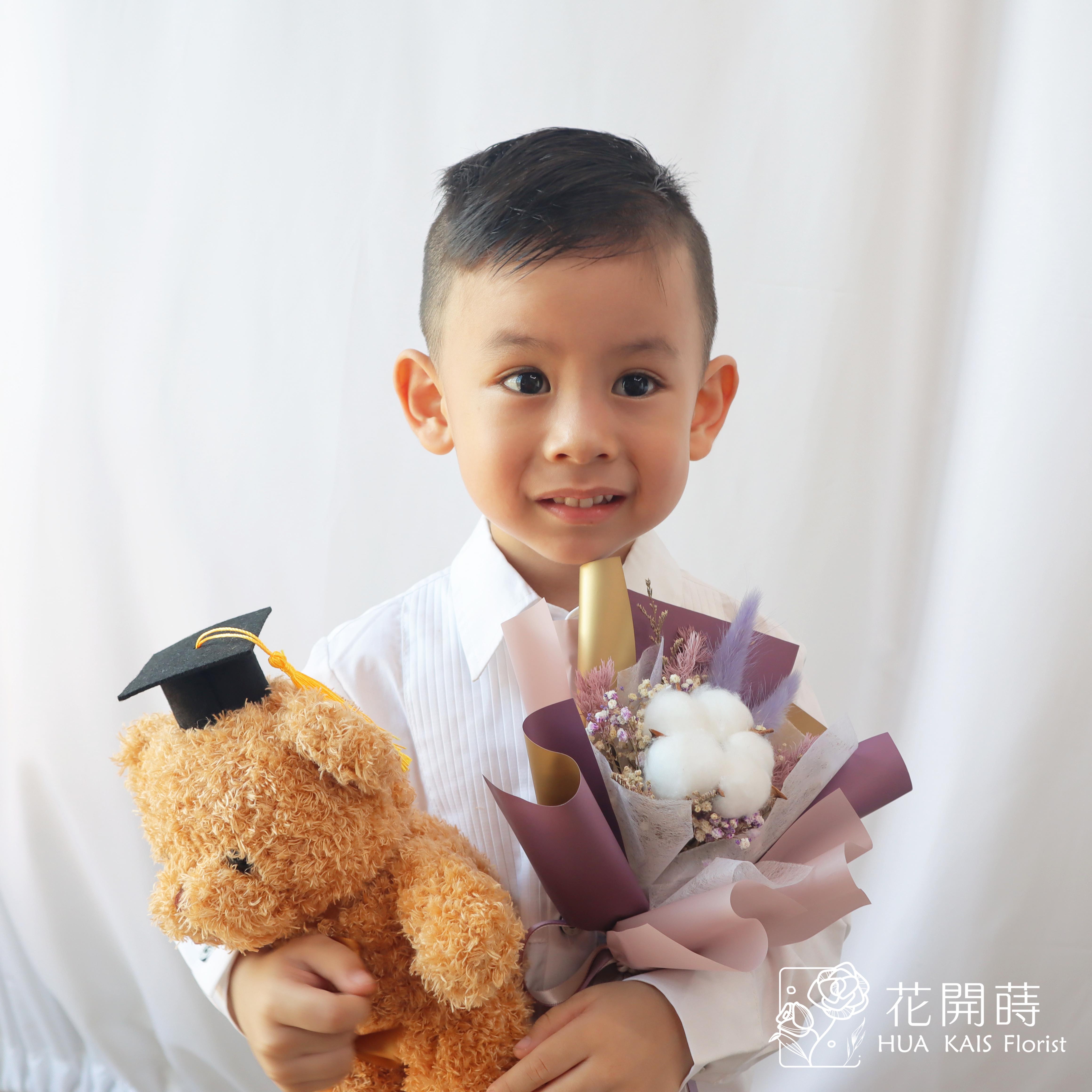 畢業熊花束|袋裝畢業學士熊紫色棉花花束|單支花束|畢業熊|學士熊|畢業禮物|