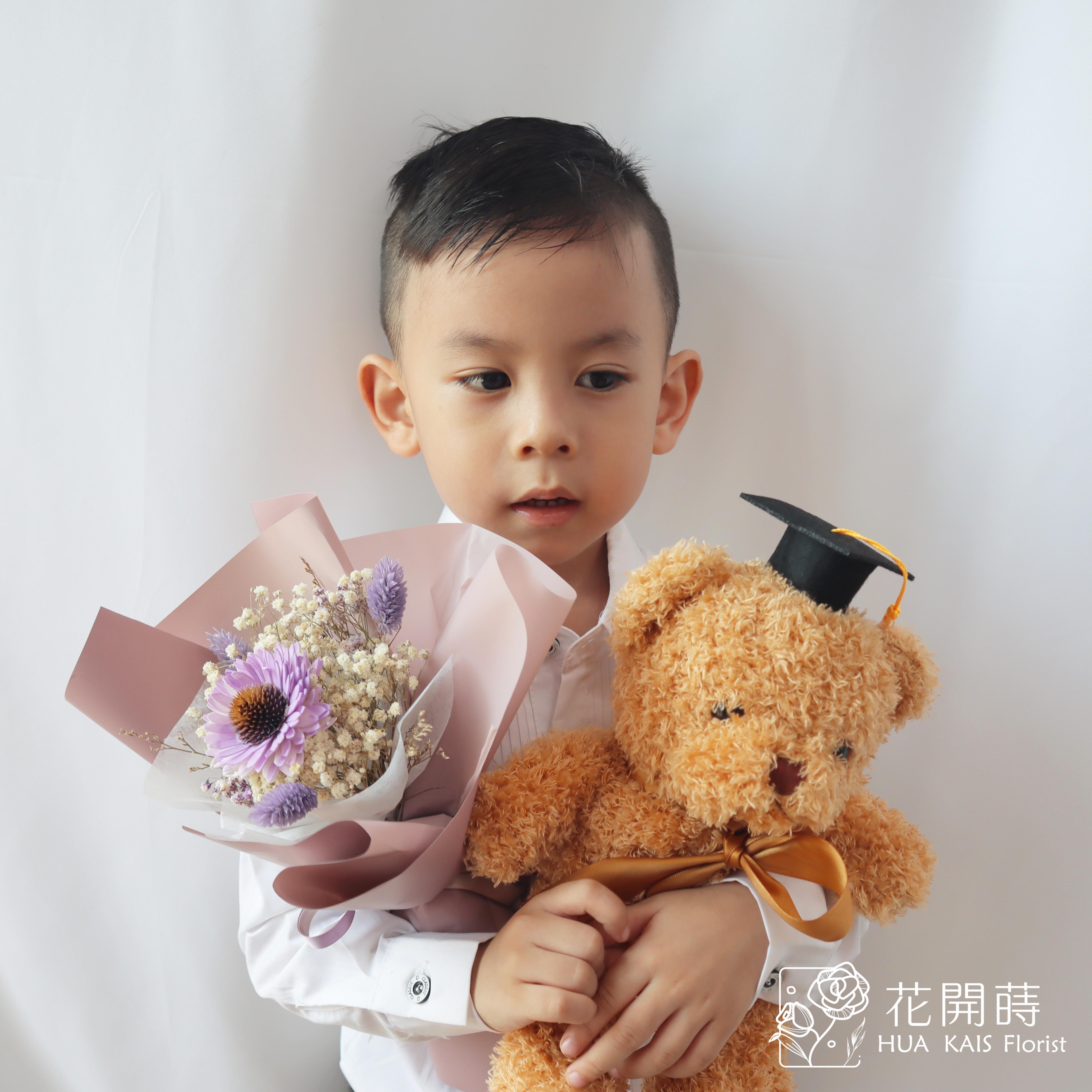 畢業熊花束|袋裝畢業學士熊紫色太陽花束|單支花束|畢業熊|學士熊|畢業禮物|