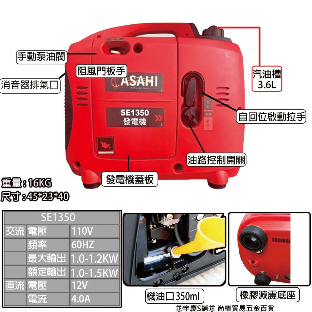 附發票｜SE1350靜音變頻發電機｜靜音變頻發電機 大功率四行程引擎 輕量穩定耐操 露營 工地 戶外 停電