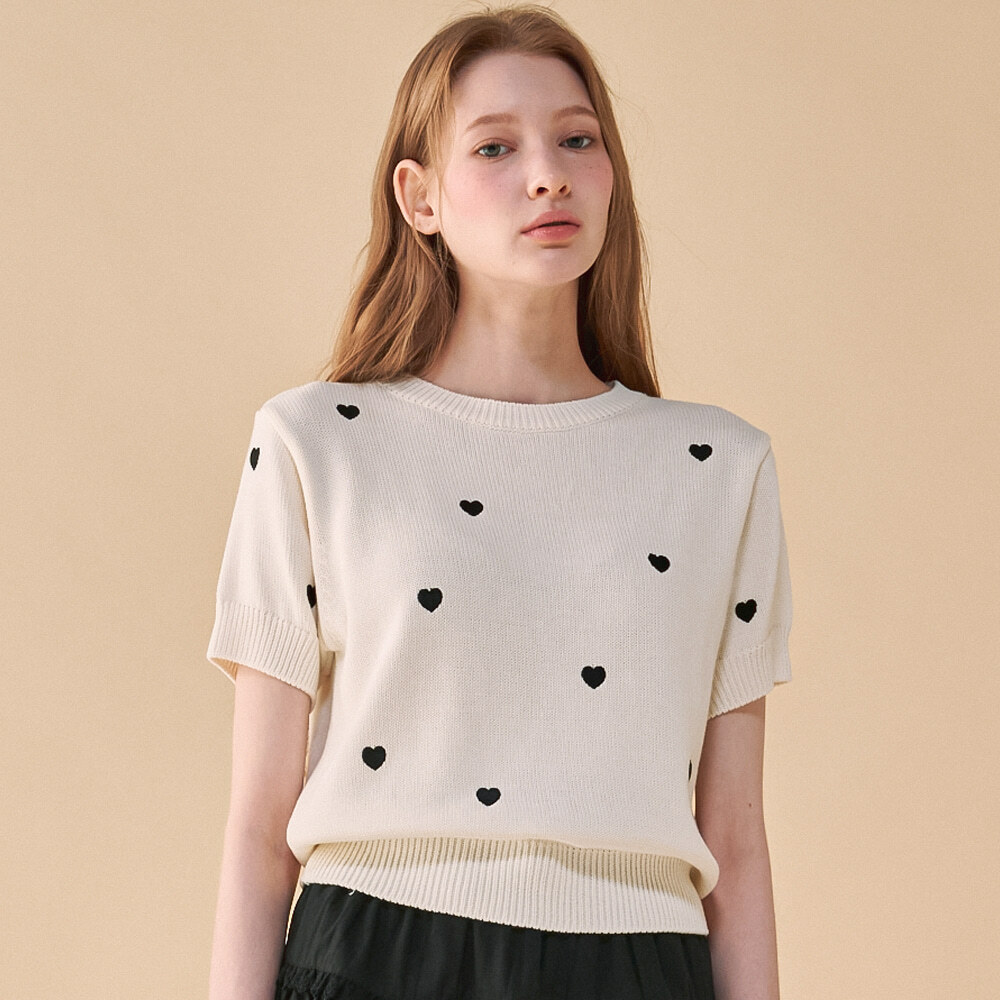 RONRON HEART PATTERN SHORT SLEEVE KNIT