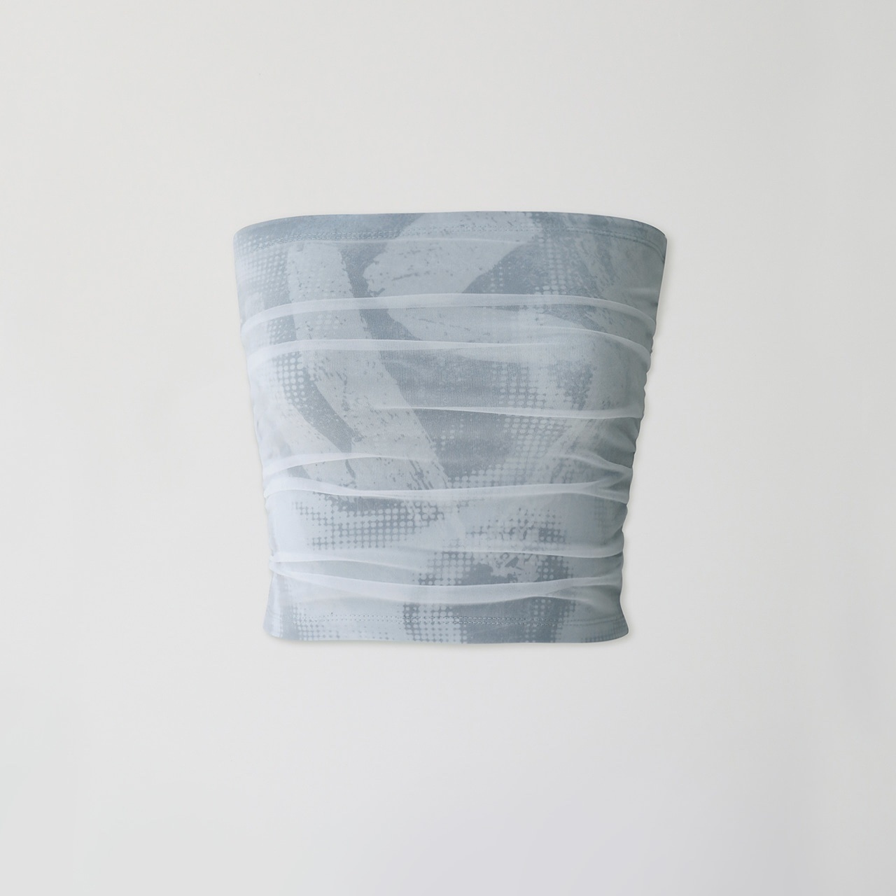 [YUSE] MESH LAYERED PRINTED SHIRRING TUBE TOP