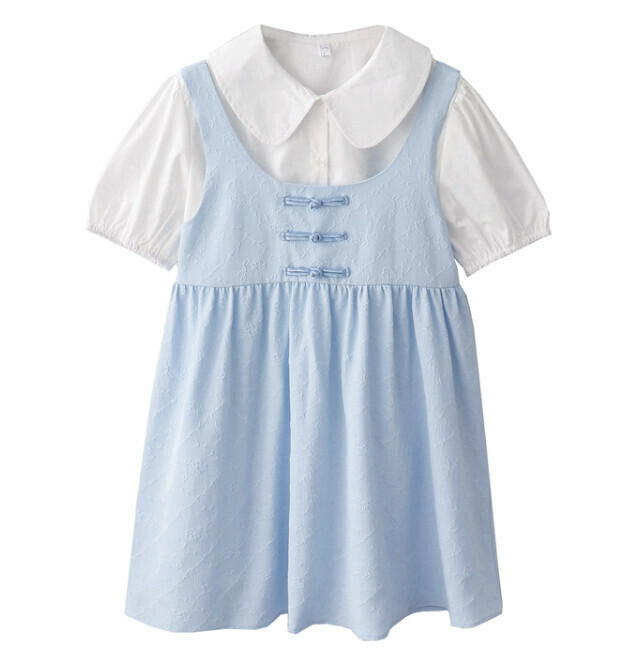 Hot selling embossed flower dress + doll collar shirt [blue] [S size - L size] (please contact customer service to confirm the delivery size after placing the order)