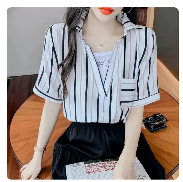 Fake two short-sleeved shirts (black and white stripes Size: S-3XL) (Please contact customer service to confirm the shipping size after placing an order)