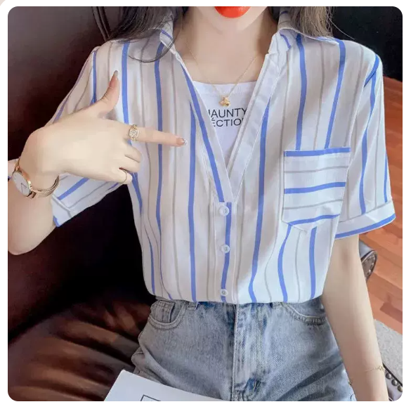 Fake two short-sleeved shirts (blue stripes Size: S-3XL) (Please contact customer service to confirm the shipping size after placing an order)