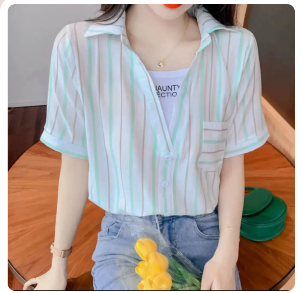 Fake two short-sleeved shirts (green stripes size: S-3XL) (please contact customer service to confirm the shipping size after placing an order)
