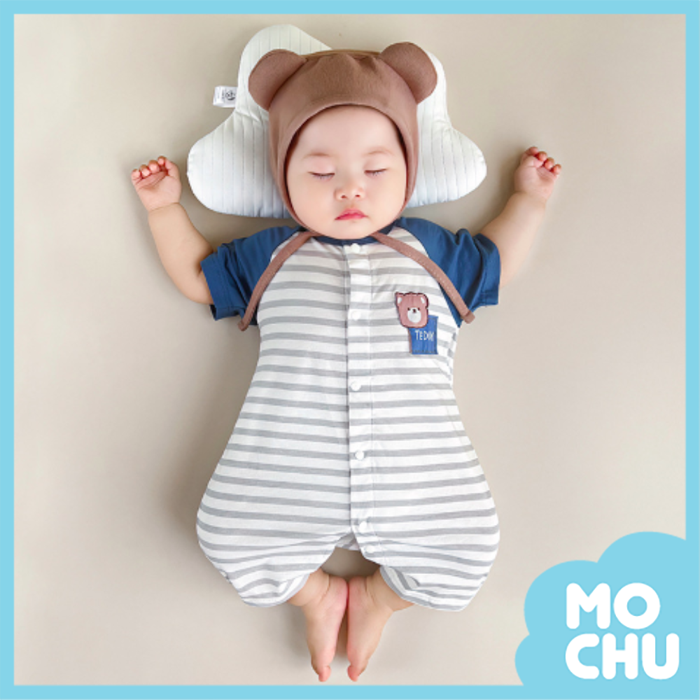 拼接條紋熊短袖連身衣