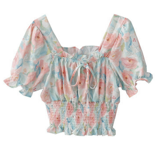 Hot Selling Printed High Waist Short Sleeve Shirt [Peach Pink] [One Size Fits All]