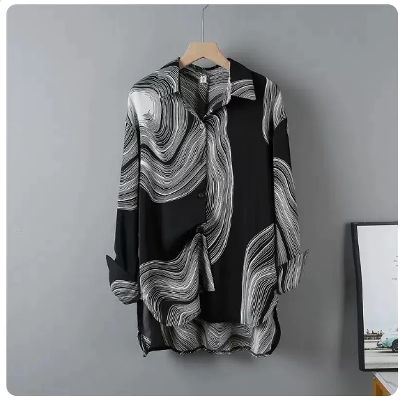 爆款寬松長袖襯衫(黑色螺旋 尺碼:S-3XL )(下單後請聯絡客服確認發貨尺碼)