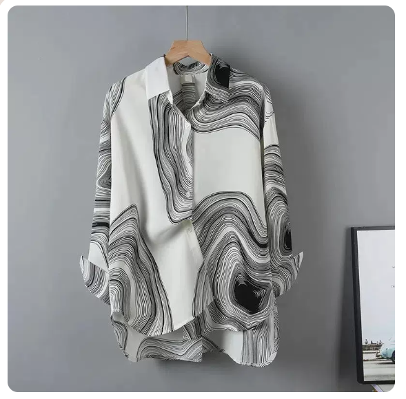 爆款寬松長袖襯衫(白色螺旋 尺碼:S-3XL )(下單後請聯絡客服確認發貨尺碼)