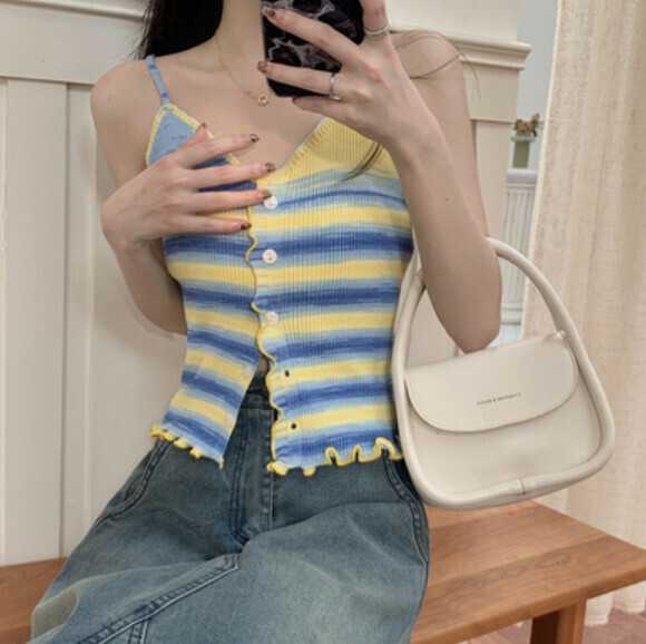 Summer fungus edge rainbow stripe vest (yellow) [one size]