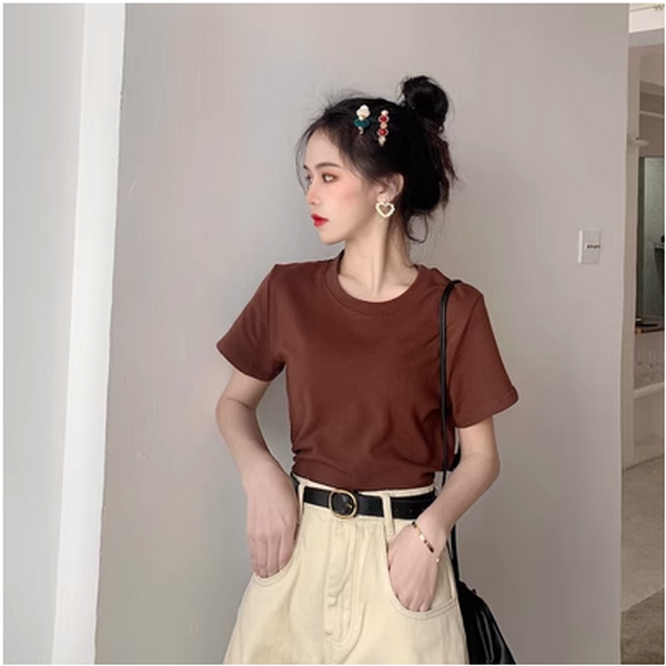 Basic Solid Color Short Sleeve T-Shirt Women's Top ((Brown) (Size: One Size)