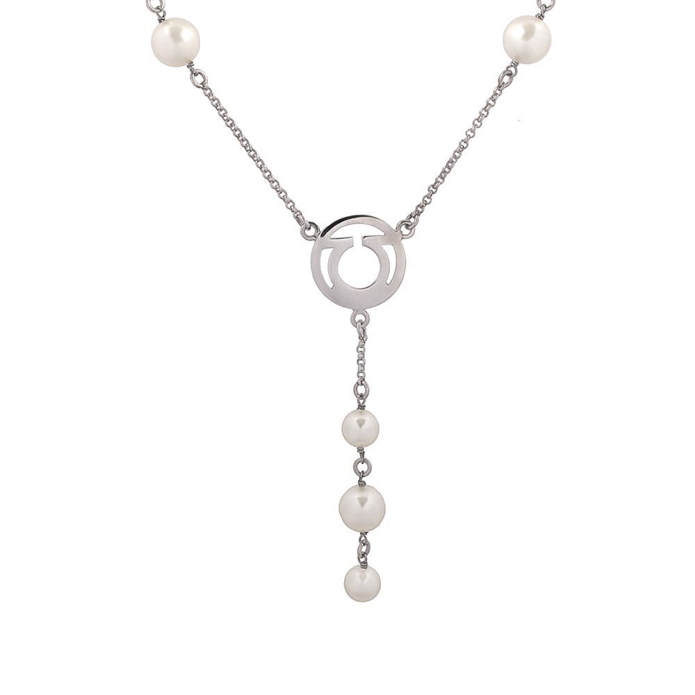 【Salvatore Ferragamo】Gancini 圓形標誌及玻璃珍珠墜飾項鍊(銀色) SF42000004