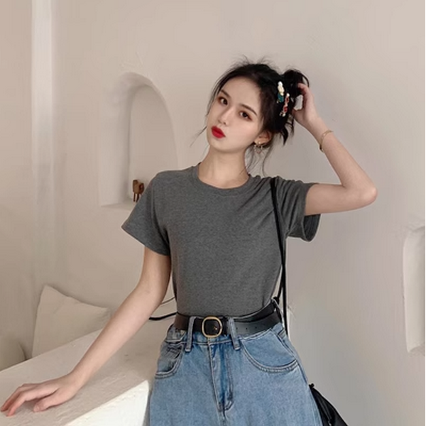 Basic Solid Color Short Sleeve T-Shirt Women's Top (Dark Gray) ( Size: One Size )