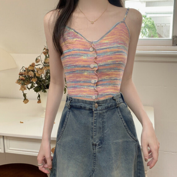 Summer fungus edge rainbow stripe vest (pink) [one size]