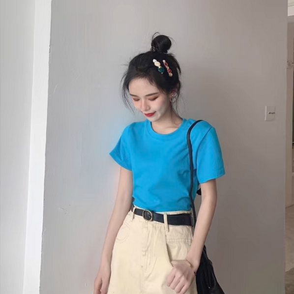 Basic Solid Color Short Sleeve T-Shirt Women's Top (Lake Blue) (Size: One Size)