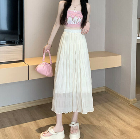 Summer high-waisted midi mesh skirt (apricot) [Size: S-L] [Contact customer service to confirm the shipping size after placing an order]