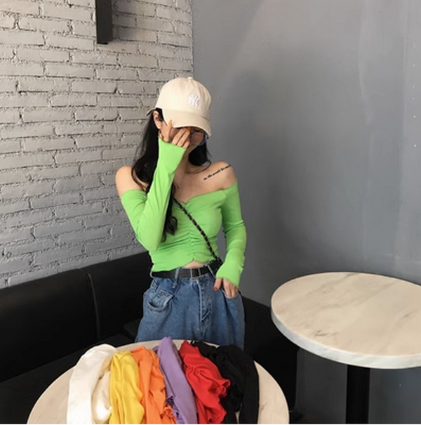 Short Short Long Sleeve Top T-Shirt with Straight Neck Straight Neck (Green) (Size: One Size)