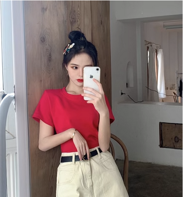 Basic Solid Color Short Sleeve T-Shirt Women's Top (Rose Red) ( Size: One Size )