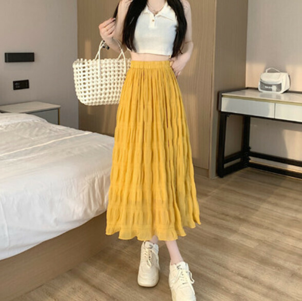 Summer high-waisted midi mesh skirt (yellow) [Size: S-L] [Contact customer service to confirm the shipping size after placing an order]