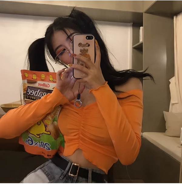 Ear Trim Straight Neck Off-the-Shoulder Cropped Long Sleeve Top T-Shirt (Orange) (Size: One Size)