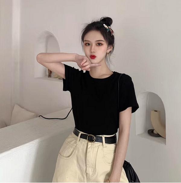 Basic Solid Color Short Sleeve T-Shirt Women's Top (Black) (Size: One Size)