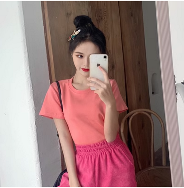 Basic Solid Color Short Sleeve T-Shirt Women's Top (Peach Pink) (Size: One Size)