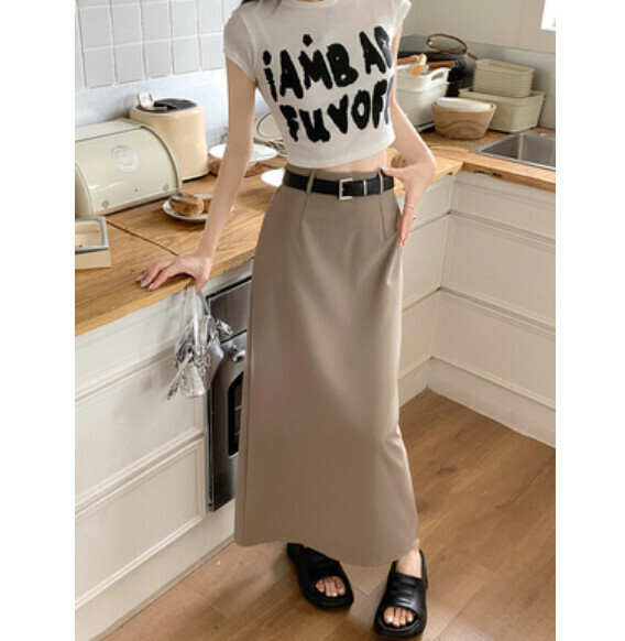 Summer high-waisted A-line rear slit skirt (khaki) [Size: S-XL] [Contact customer service to confirm the shipping size after placing an order]