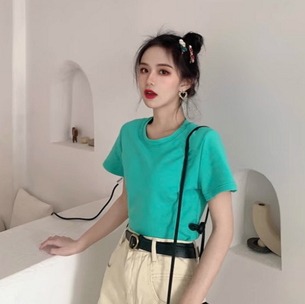 Basic Solid Color Short Sleeve T-Shirt Women's Top (Candy Green) (Size: One Size)