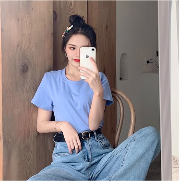 Basic Solid Color Short Sleeve T-Shirt Women's Top (Lilac Blue) ( Size: One Size )