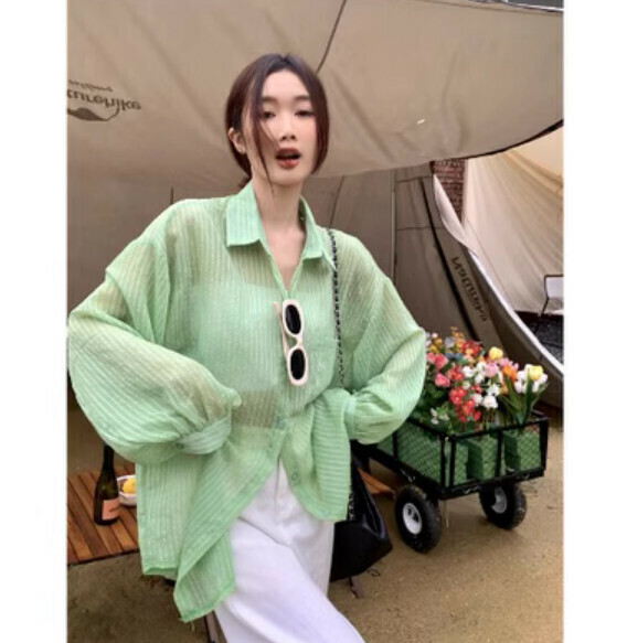 Summer thin slightly sheer shirt (green) [Size: S-L] [Contact customer service to confirm the shipping size after placing an order]