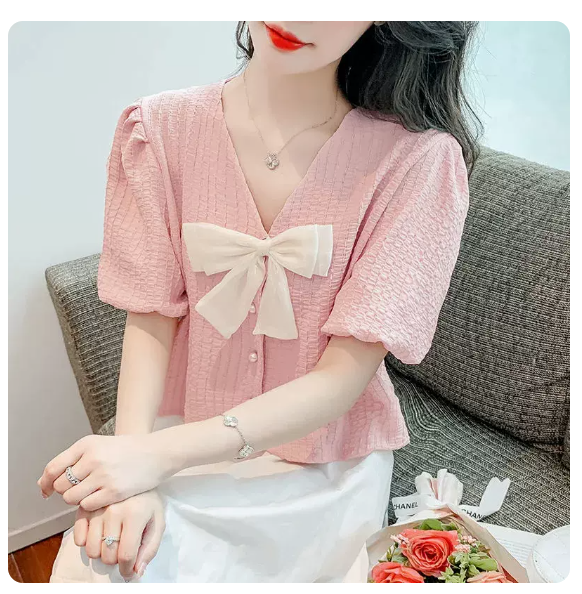 Loose short puff sleeve top (pink size: S-3XL) (Please contact customer service to confirm the shipping size after placing an order)