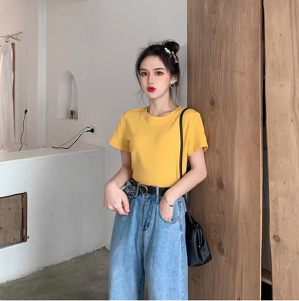 Basic Solid Color Short Sleeve T-Shirt Women's Top (Cream Yellow) ( Size: One Size )