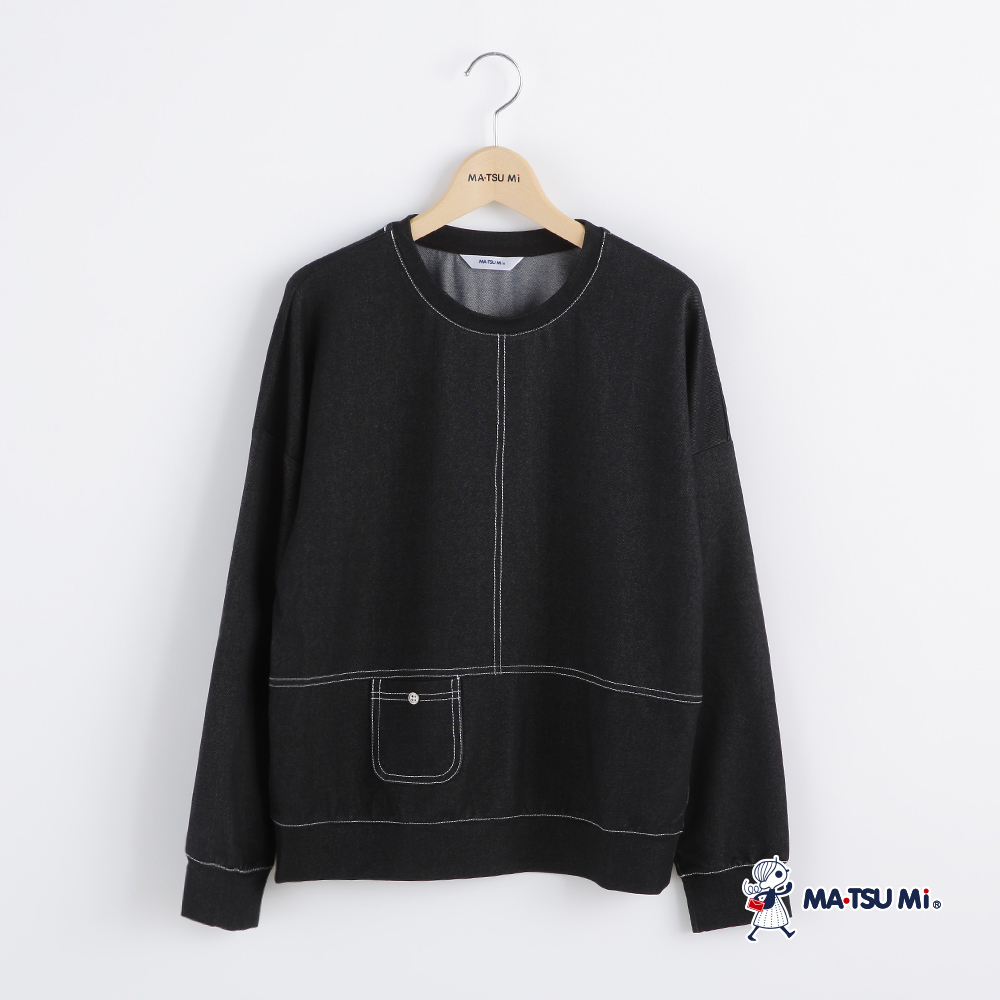 MA‧TSU Mi 仿牛仔落肩撞色線條寬鬆感上衣(深藍.黑)