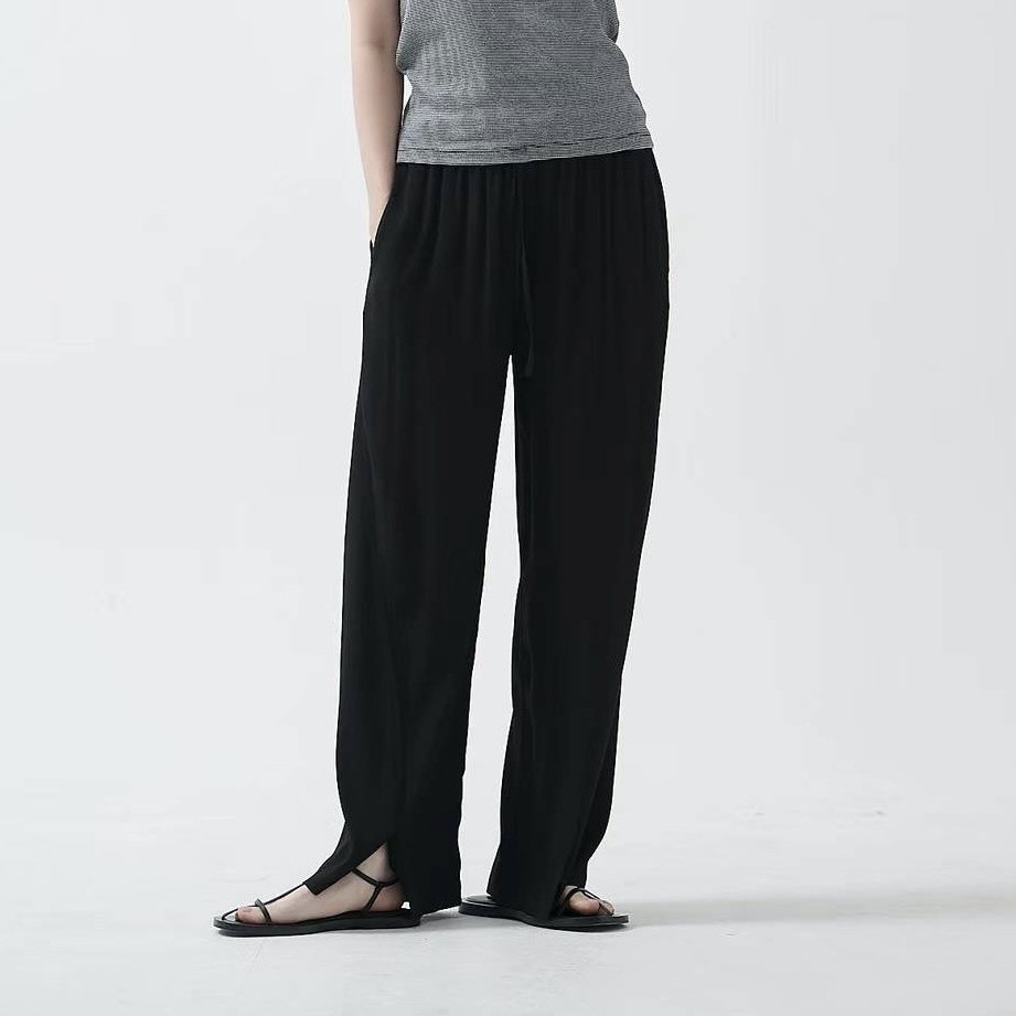 E10褲管開衩彈性高級冰絲褲(黑)