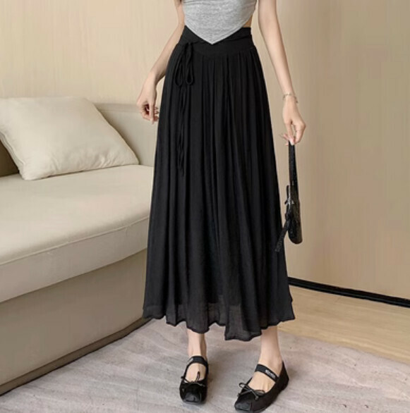 Summer mid-length cotton and linen pleated skirt (black) [Size: S-XL] [Contact customer service to confirm the shipping size after placing an order]