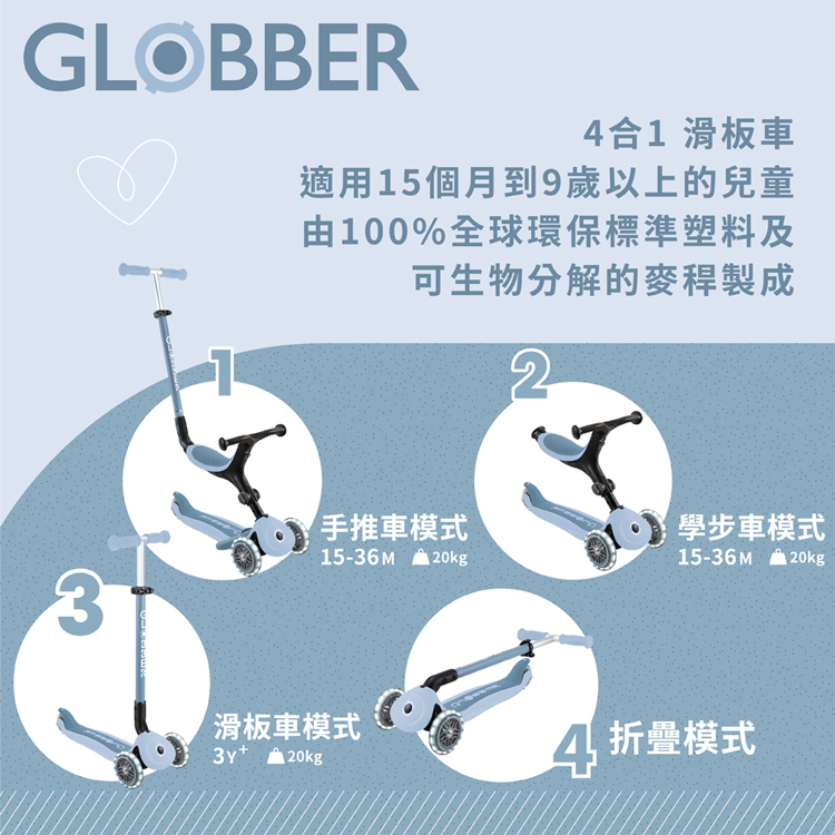 Globber 4合1三輪折疊滑板車