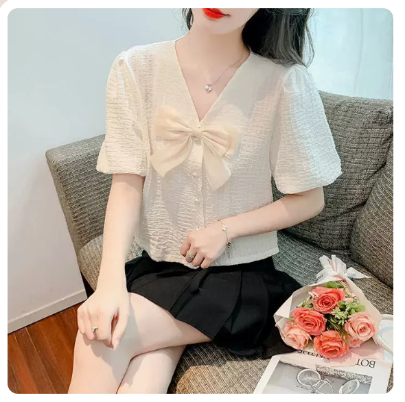 Loose short puff sleeve top (white size: S-3XL) (please contact customer service to confirm the shipping size after placing an order)