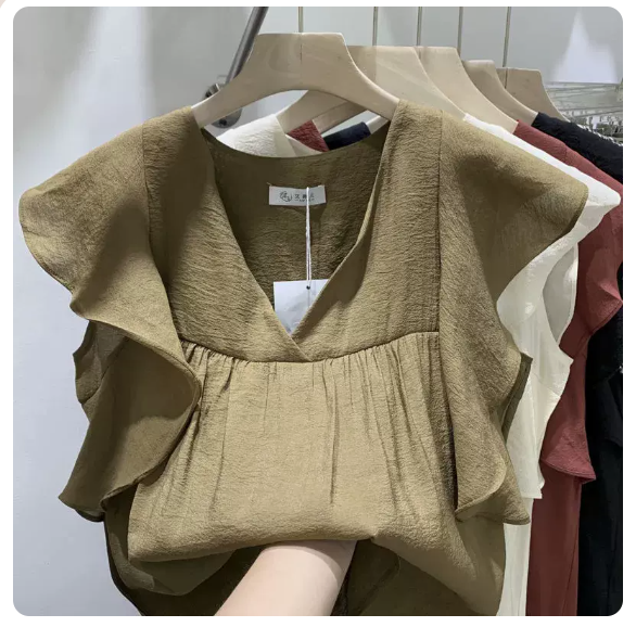 Ruffled Short Sleeve Top (Khaki Size: S-3XL) (Please contact customer service to confirm the shipping size after placing an order)