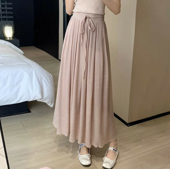 Summer midi cotton and linen pleated skirt (nude pink) [Size: S-XL] [Contact customer service to confirm the shipping size after placing an order]