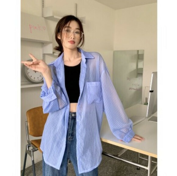 Summer thin slightly sheer shirt (blue) [Size: S-L] [Contact customer service to confirm the shipping size after placing an order]