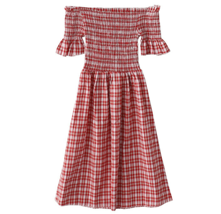 Hot Selling Off-the-Shoulder Plaid Dress with Off-The-Shoulders [Red] [One Size Fits All]