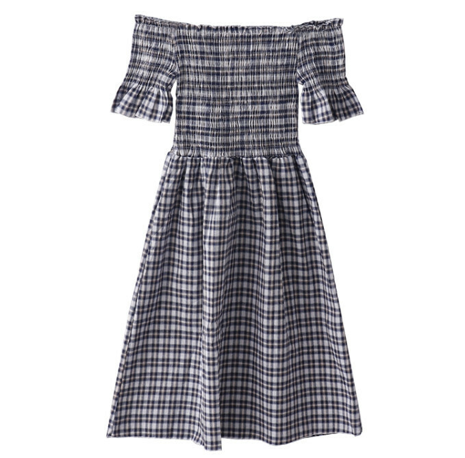 Hot Selling Off-the-Shoulder Plaid Dress with Off-The-Shoulders [Navy Blue] [One Size Fits All]