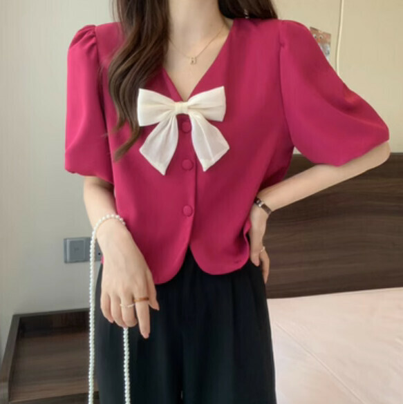 Summer short sleeve V-neck shirt (rose) [Size: S-L] [Contact customer service to confirm the shipping size after placing the order]