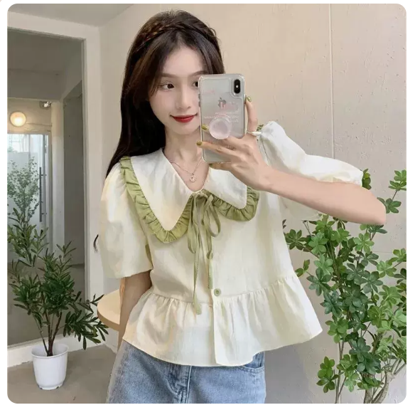 Doll Collar Puff Sleeve Shirt (Apricot Size: S-3XL) (Please contact customer service to confirm the shipping size after placing an order)