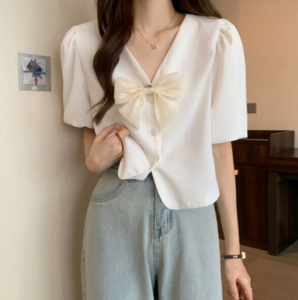 Summer Short Sleeve V-Neck Shirt (White) [Size: S-L] [Contact Customer Service to Confirm Shipping Size after Placing an Order]