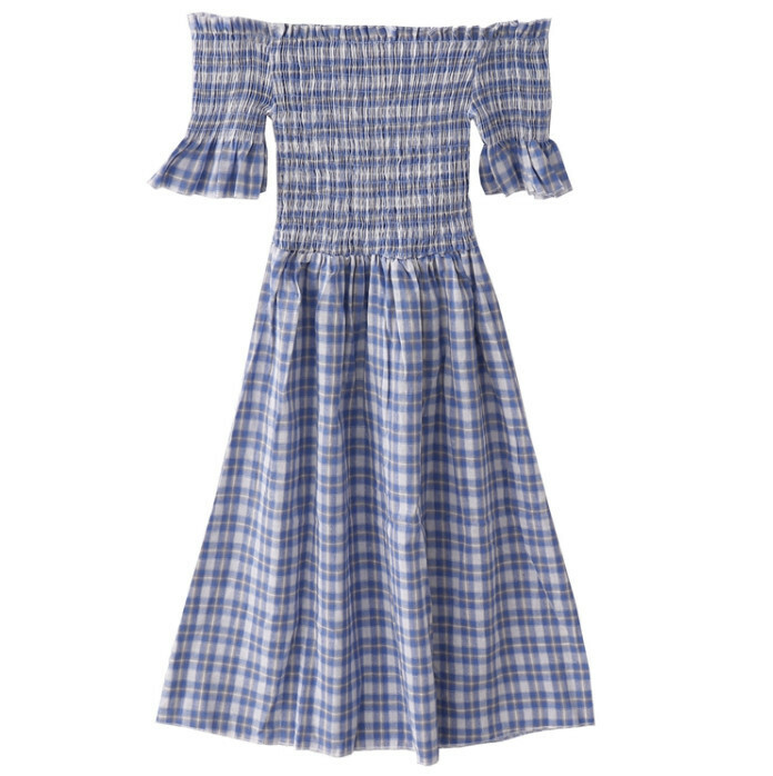 Hot Selling Off-the-Shoulder Plaid Dress with Off-The-Shoulders [Blue] [One Size Fits All]